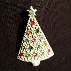 Vtg Holly Craft White Rhinestone Christmas Brooch
